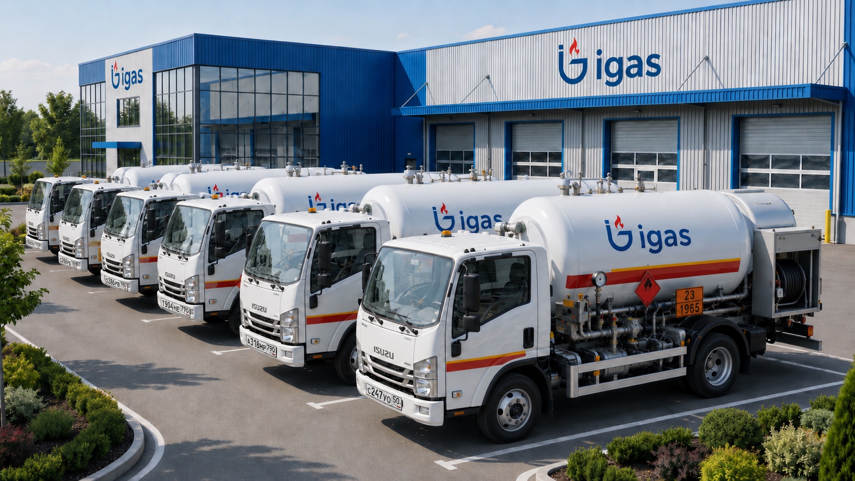 Собственный автопарк iGAS, белые газовозы у брендированной базы